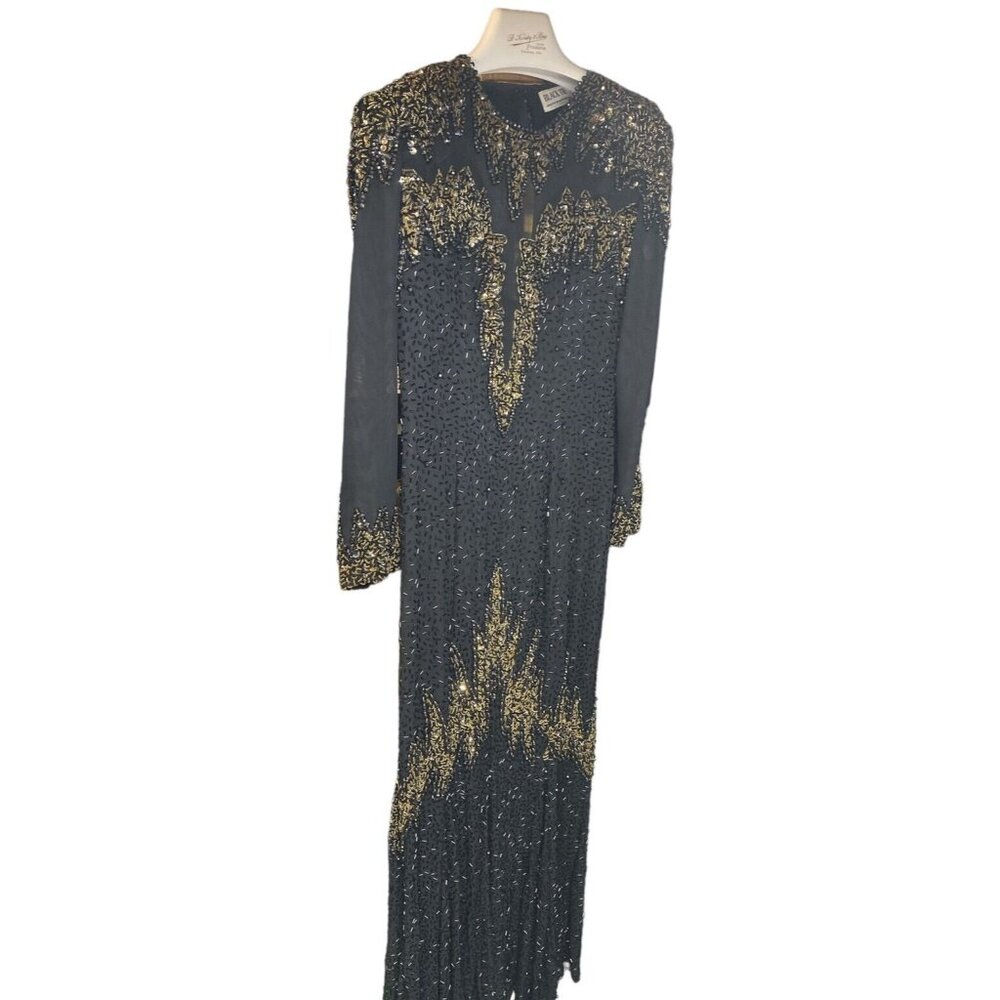 Vintage Black Tie Womens Dress Size 10 Long Beaded Evening Gown Gold